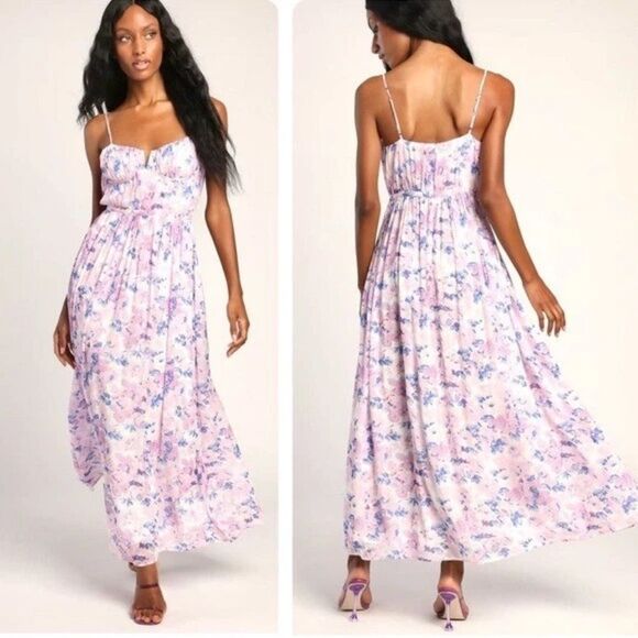 Lulu’s Total Darling Notched Bustier Maxi Dress Women’s Size M Pink Multi Floral - Picture 1 of 5
